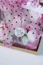 Gift box with pink tulips. Homemade zephyr. Zephyr flowers. Royalty Free Stock Photo