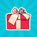 Gift Box Pop Art Retro Style Of Realistic Present With Ribbon And Bow On Dots Background