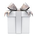Gift box or present box with silver ribbon bow isolated on white background