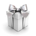 Gift box or present box with silver ribbon bow isolated on white