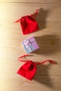Gift box and Red Gift Bag wrapped Christmas and Newyear presents with bows and ribbons, Christmas frame boxing day background. Royalty Free Stock Photo