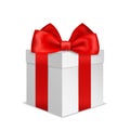 Gift box with red bow. Realistic present angle view mockup. 3d party surprise. Christmas or birthday closed cardboard