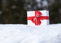 Gift box with red bow on snow in winter forest. One object. Christmas holiday concept.