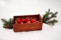 gift box with red Christmas toys and Christmas trChristmas decorations in a beautiful box, red balls in the snow. Christmas decor Royalty Free Stock Photo