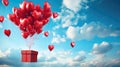 Gift box on red heart balloons flying in sky Royalty Free Stock Photo