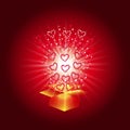 Gift box with red hearts. Magic background with a surprise. Fulfillment of desires. Illustration in red tones.