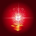 Gift box with red hearts. Magic background with a surprise. Fulfillment of desires. Illustration in red tones.