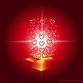 Gift box with red hearts. Magic background with a surprise. Fulfillment of desires. Illustration in red tones. Vetor