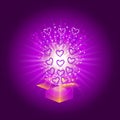 Gift box with red hearts. Magic background with a surprise. Fulfillment of desires. Illustration in violet tones.