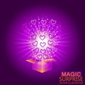 Gift box with red hearts. Magic background with a surprise. Fulfillment of desires. Vector illustration in violet tones.