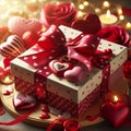 Gift Box and Red Hearts Set the Tone for a Valentine\'s Day Celebration. Generative ai for illustrations Royalty Free Stock Photo