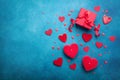 Gift box and red hearts for Valentines day background. Top view. Flat lay. Royalty Free Stock Photo