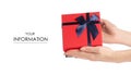 Gift box with a red lid and a blue bow in hand pattern Royalty Free Stock Photo