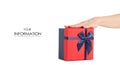 Gift box with a red lid and a blue bow in hand pattern Royalty Free Stock Photo