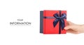 Gift box with a red lid and a blue bow in hand pattern Royalty Free Stock Photo