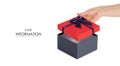 Gift box with a red lid and a blue bow in hand pattern Royalty Free Stock Photo