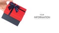 Gift box with a red lid and a blue bow in hand pattern Royalty Free Stock Photo