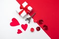 Gift box, red paper hearts . Valentine`s Day absctract. Symbol of love. Copy space, flat lay