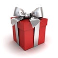 Gift box or red present box with silver ribbon bow on white background with shadow Royalty Free Stock Photo