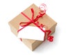 Gift box with red ribbon and blank card Royalty Free Stock Photo