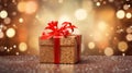 Gift box with red ribbon, blur background and warm lighting