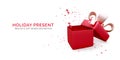 Gift box with red ribbon and bow and falling confetti. Present box decoration design element. Holiday banner with open box