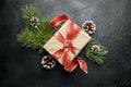 Gift box with red ribbon and green Christmas tree branch with pine cones top view Royalty Free Stock Photo