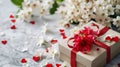 Gift box with red ribbon and hearts, white blossoms on marble background with copy space Royalty Free Stock Photo