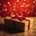 Gift Box with Red Ribbon on Patterned Rug Royalty Free Stock Photo