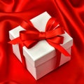 Gift box with red ribbon satin background Royalty Free Stock Photo