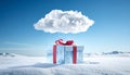 A gift box with a red ribbon is showered with sparkling particles from a cloud present Royalty Free Stock Photo