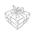 Gift box with ribbon and bow isolated on white background. Hand drawn vector sketch illustration in doodle simple vintage engraved Royalty Free Stock Photo