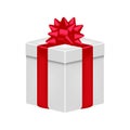 Gift box with ribbon and bow in red color. Realistic giftbox. Vector.