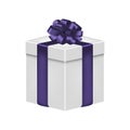 Gift box with ribbon and bow in violet color. Realistic giftbox. Vector.