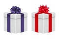 Gift box with ribbon and bow in violet and red color. Realistic giftbox set. Vector. Royalty Free Stock Photo