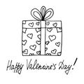 Gift box with ribbon, hearts and lettering happy valentines day. template for card, poster. sketch hand drawn doodle. vector Royalty Free Stock Photo