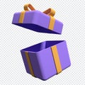 Gift box with ribbon isolated on transparent background. Open gift box. Minimal surprise package. 3d rendering illustration Royalty Free Stock Photo