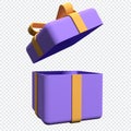 Gift box with ribbon isolated on transparent background. Open gift box. Minimal surprise package. 3d rendering illustration Royalty Free Stock Photo