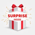 Gift box with ribbon. Opening white box. Birthday surprise and christmas present vector concept Royalty Free Stock Photo