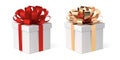 Gift box with ribbon, vector isolated illustration. Present with a red and a gold bow. Royalty Free Stock Photo