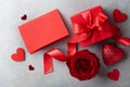 Gift box, rose flower, empty note and hearts for Valentines day card Royalty Free Stock Photo