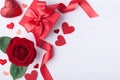 Gift box, rose flower and hearts for Valentines day card Royalty Free Stock Photo