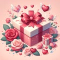 Gift Box, Rose, and Hearts Craft a Charming Valentines Day Card. Generative ai for illustrations Royalty Free Stock Photo
