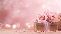 Gift box and roses on abstract pink background with bokeh, copy space. Gretting card for Valentine\'s day or Wedding day.