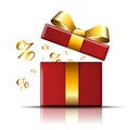 Gift box sale icon. Surprise present red template, gold ribbon bow, isolated white background. Opened giftbox. 3D design