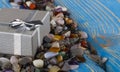 Gift box with semiprecious stones close-up