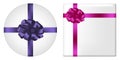 Gift box set with bow and ribbon. Square and round giftbox top view with realistic holiday decorations on package. Vector. Royalty Free Stock Photo