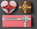 Gift Box set with Golden Bow, Ribbons isolated on gray transparent background. Realistic vector Giftbox Royalty Free Stock Photo