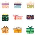 Gift box set, gift illustrations, colorful silhouettes with bows and ribbons, vector Royalty Free Stock Photo