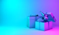 Gift box and a sheep on blue pink gradient background